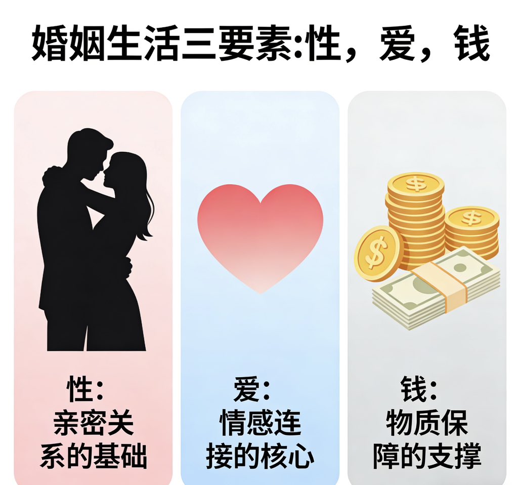 婚姻生活三要素:性，爱，钱

1、性:有性生活可不可以不爱，答案是可以

2、爱:有爱可不可以没有性生活，答案也是可以

3、钱:有钱可不可以不爱，答案是可以

4、性和爱都没有，只有钱婚姻也难以持久

5、性和钱都有，但没有爱，婚姻会变得冷漠

6、爱和钱都具备，但缺少性生活，婚姻也会不完整