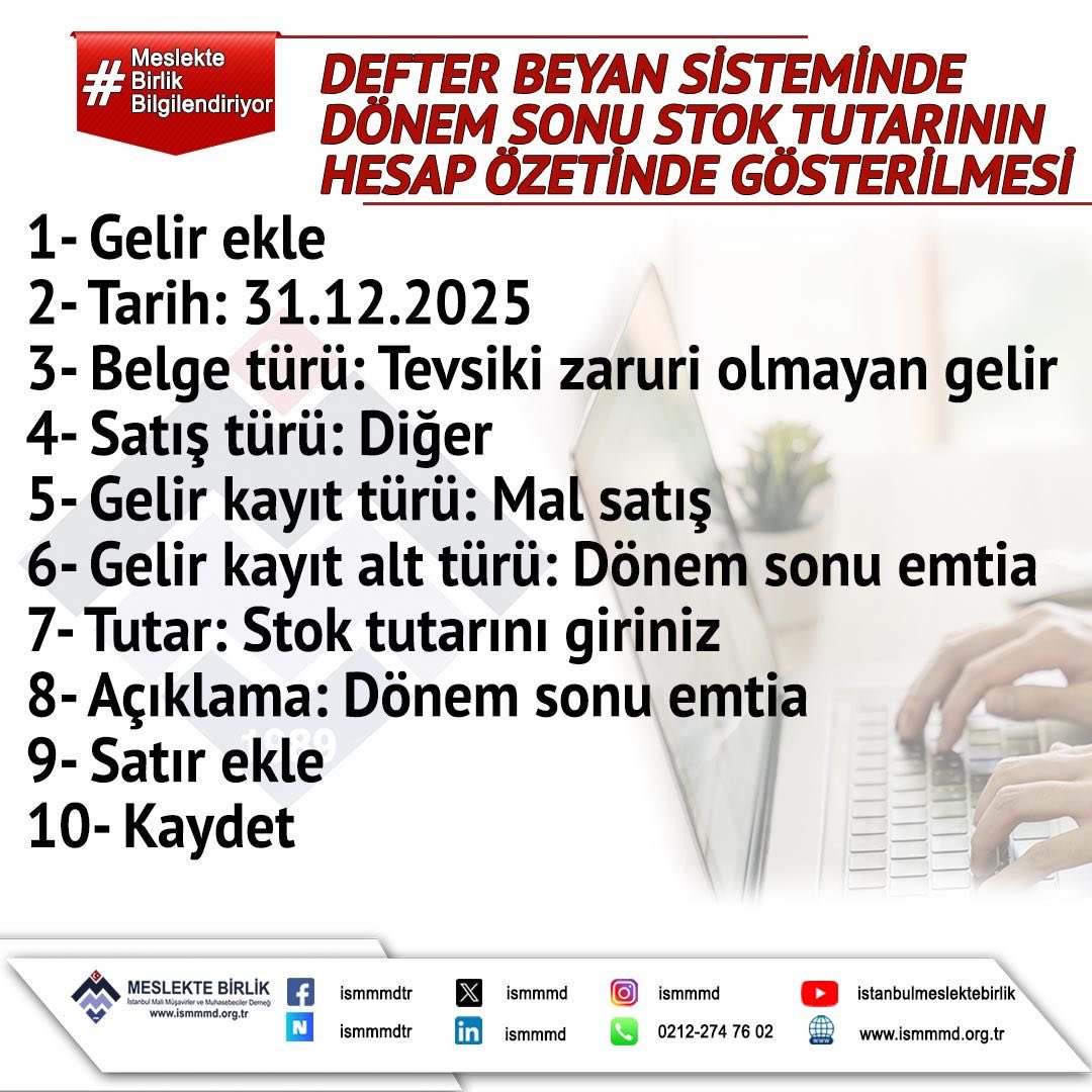 ismmmd's tweet photo. 📌 Defter Beyan Sisteminde dönem sonu stok tutarının hesap özetinde gösterilmesine ilişkin bilgilendirme.

#ismmmd #MeslekteBirlik #DefterBeyan #DönemSonu #Emtia #Stok #SMMM https://t.co/LfroGgGQw6