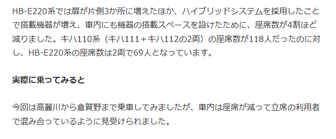 キハ111-キハ112…118人
HB-E220系2連…69人
※参考　江ノ電1000形…1編成72人

座席定員が編成単位で4割以上激減していますのでね
内装が安っぽいことや窓が少ないことは枝葉に過ぎず、このことこそがHB-E220系の最大の問題点でしょう

carview.yahoo.co.jp/news/detail/74…