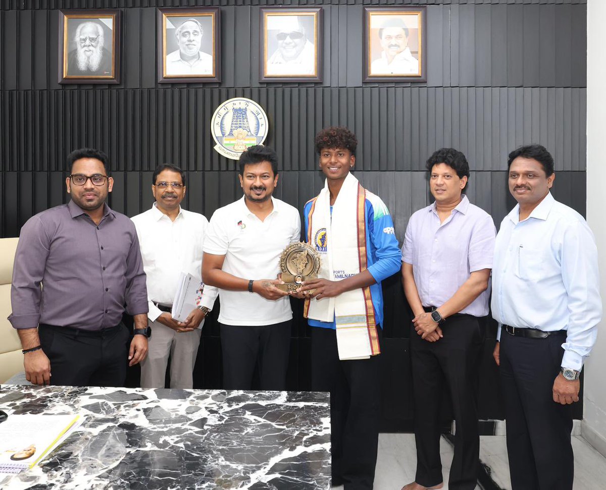 TJSrinivasaraj's tweet photo. A proud and memorable moment for Tamil Nadu cricket! 🇮🇳🏏

Hon’ble Deputy Chief Minister & Sports Development Minister of Tamil Nadu, Thiru. Udhayanidhi Stalin, met and felicitated our young U19 champions @.ambrish.rs. and @deepuu._.33 for their exceptional performance in leading India to glory at the U19 Men’s Cricket World Cup.

His unwavering commitment and proactive contribution to strengthening the sports fraternity of Tamil Nadu continue to create greater opportunities and inspire the next generation of athletes across the state. 💪🔥

@Udhaystalin @TNCACricket 

#U19WorldCup #TeamIndia #TamilNaduSports