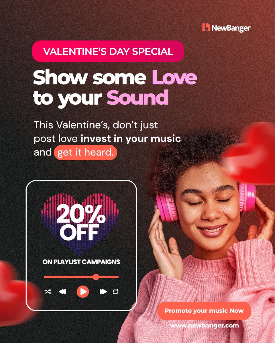 newbangercom's tweet photo. ❤️ Show some love to your sound this Valentine’s. For a limited time, get 20% OFF all playlist campaigns and put your music in front of real listeners who actually matter.
Your talent deserves visibility.
🎧 Promote your music now at https://t.co/QcQSnfn71A or send us a DM.. https://t.co/P2FovRlUtf