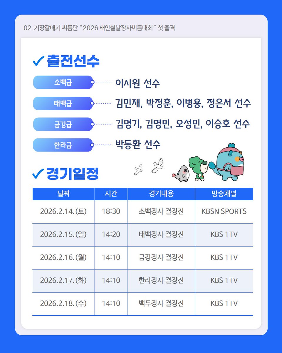 📢 기장갈매기 씨름단,
2026 태안설날장사씨름대회 첫 출격!

#기장군 #기장갈매기씨름단 #태안설날장사씨름대회 #전통스포츠 #씨름 #기장소식 #설날장사씨름 #군민과함께