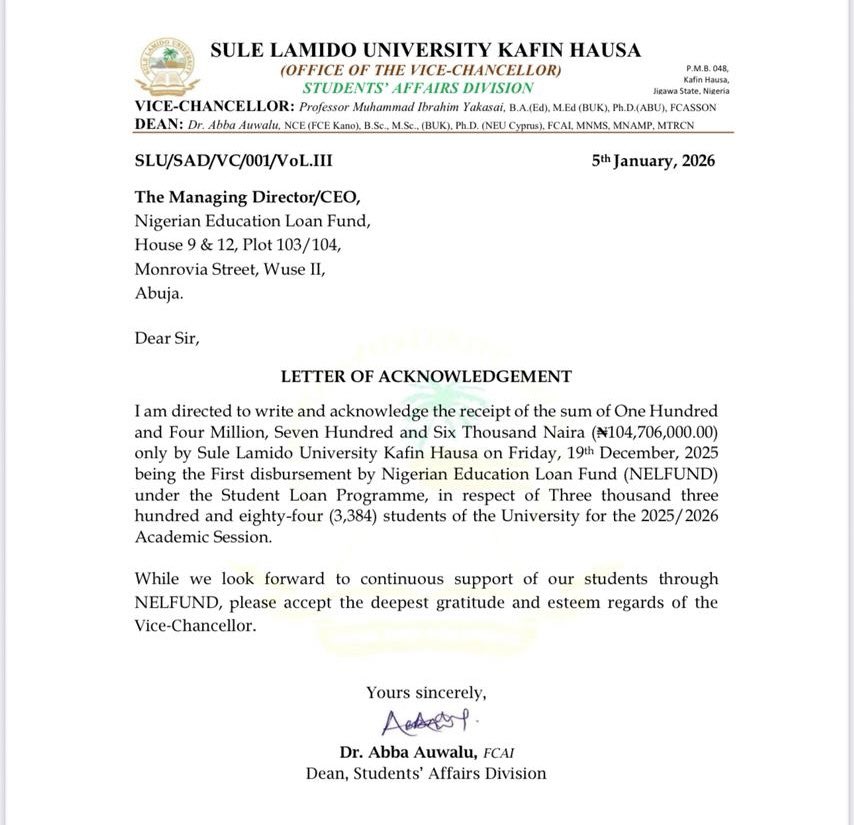 OgbeniDipo's tweet image. NELFUND Daily Dashboard Report for 12th February 2026 and Acknowledgement of Institutional Loan Disbursement to Students by two Universities and one College of Education. Kudos President @officialABAT, Minister of Education @DrTunjiAlausa &amp;amp; @NELFUND MD @AkintSawyerr.