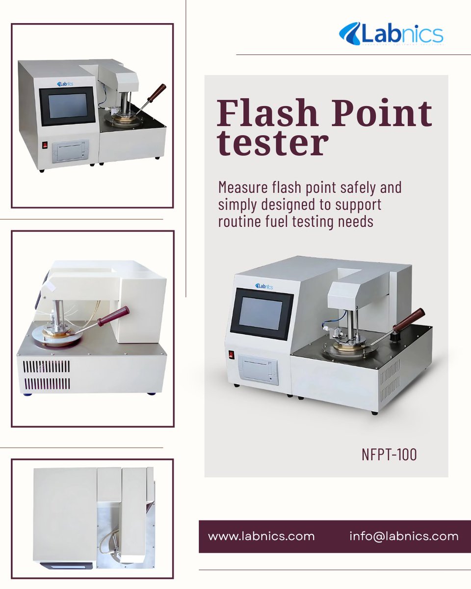 labnics's tweet photo. Flash Point Tester NFPT-100 offers flash point measurement for flammable liquids like fuels and lubricants, supporting safety and quality workflows.
info@labnics.com

Learn More: https://t.co/U14hWxpBUU

#Labnics #FlashPointTester #LabEquipment #SafetyTesting #FuelTesting https://t.co/iWPsBYDeYJ