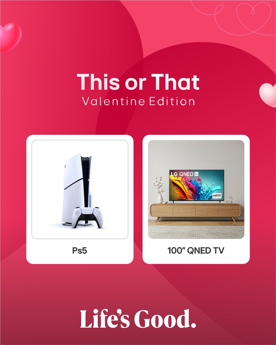 LGAfrica1's tweet photo. Game nights or cinema nights at home?
Either way, it's giving main character energy.
Tell us your pick.
#ValentinewithLG #LifesGood #ValentineCollection #LGNigeria https://t.co/Sz5rI4mdLL