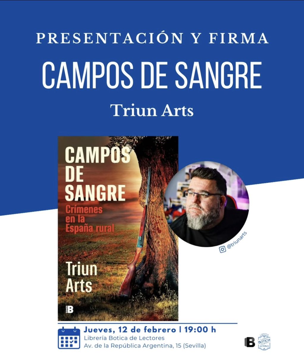 📚 Hoy a las 19:00 h os espero en la
 Librería Botica de Lectores (Sevilla) para la presentación y firma de Campos de Sangre.
Hablaremos de crímenes, de la España rural y de todo lo que hay detrás… acompañado de mi amigo <a href="/javioliveira/">Javi Oliveira</a> 

Me encantará poneros cara, charlar y