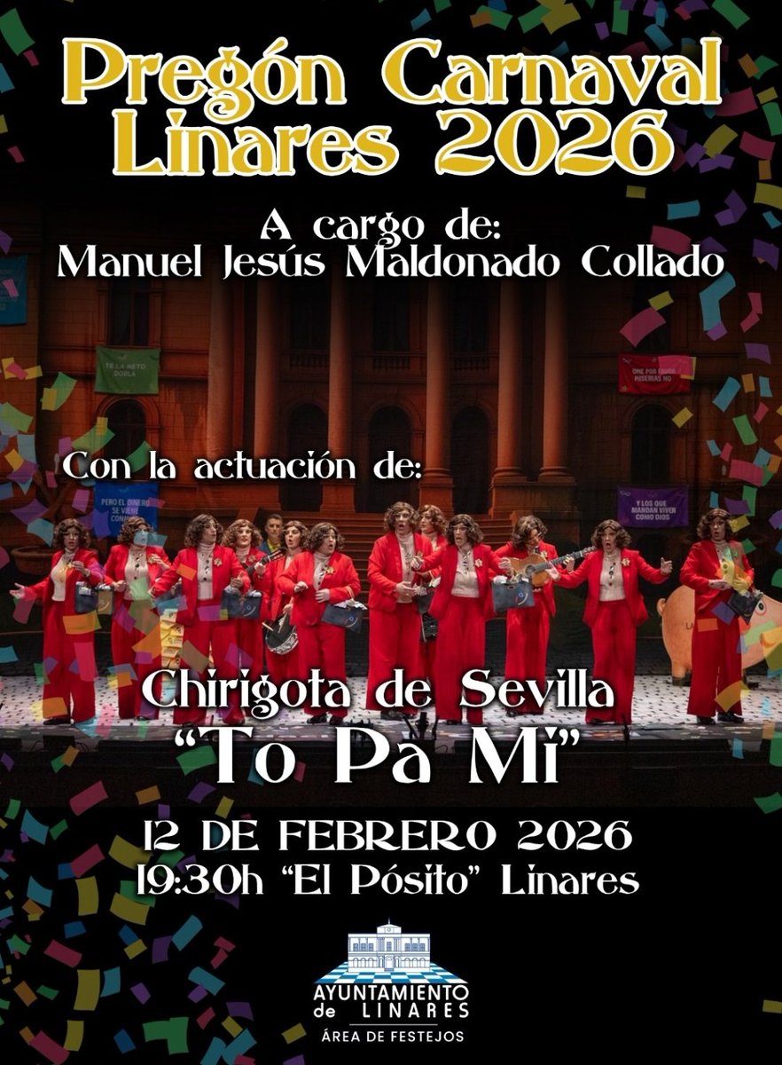 Esta tarde tenemos una cinta con el Carnaval y no llueve!!!
A las 19:30h Pregón de apertura con la actuación 🎭 de varios grupos locales y la Chirigota de Sevilla"To pa mi" que viene de actuar en el Teatro falla
Entrada libre y gratuita hasta completar aforo. ¡Alli nos vemos!
