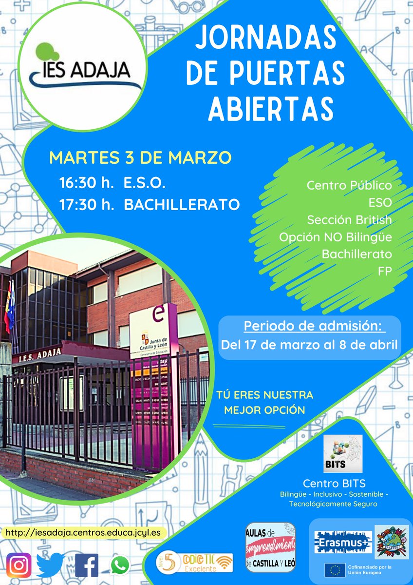 JORNADAS PUERTAS ABIERTAS IES ADAJA
PERIODO DE ADMISIÓN CURSO 26/27
Del 17 de marzo al 8 de abril 2026 (hasta las 14:00h)
TODA LA INFORMACIÓN EN NUESTRA PÁGINA WEB
iesadaja.centros.educa.jcyl.es/sitio/
SECCION SECRETARIA, ADMISIÓN
#somosadaja #somoseducacyl