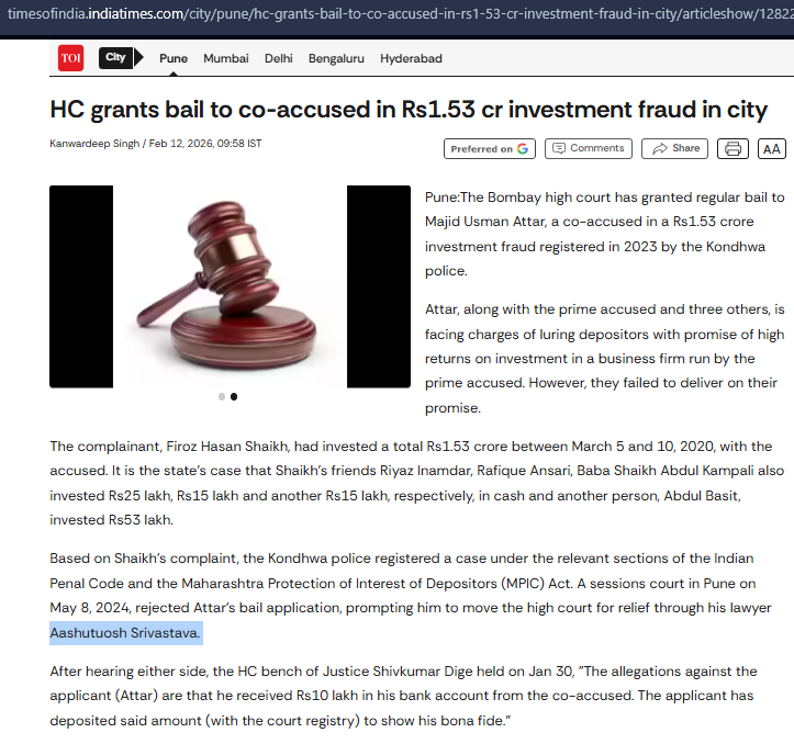 adv_aashutosh's tweet image. In the ₹1.53 Cr investment fraud matter of 2023, the Bombay High Court has granted #regularbail to the co-accused, Majid Usman Attar.

Represented by #AdvocateAashuutoshSrivastava.

Read Full report here 👇

timesofindia.indiatimes.com/city/pune/hc-g…

#HighCourtOrder #BombayHC #LegalUpdate