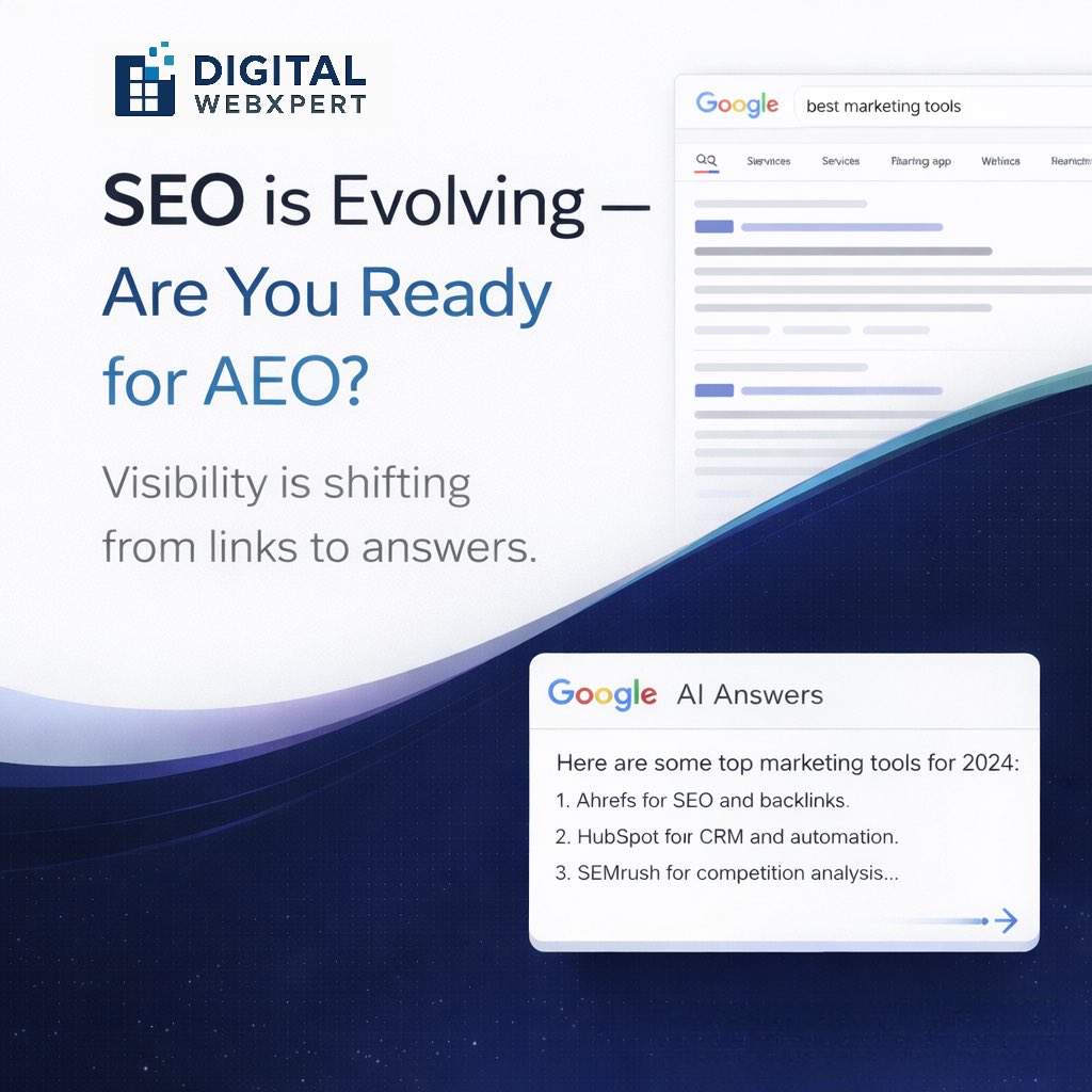 DigitalwebXpert's tweet photo. SEO is evolving → AEO is next.
Search is shifting from links to answers.
Want your brand mentioned in AI results?

🌐 https://t.co/GnXSGBjRnQ

DM “AEO”

#AEO #AISEO #SEO #GoogleAI #DigitalMarketing https://t.co/nkNM825QY0