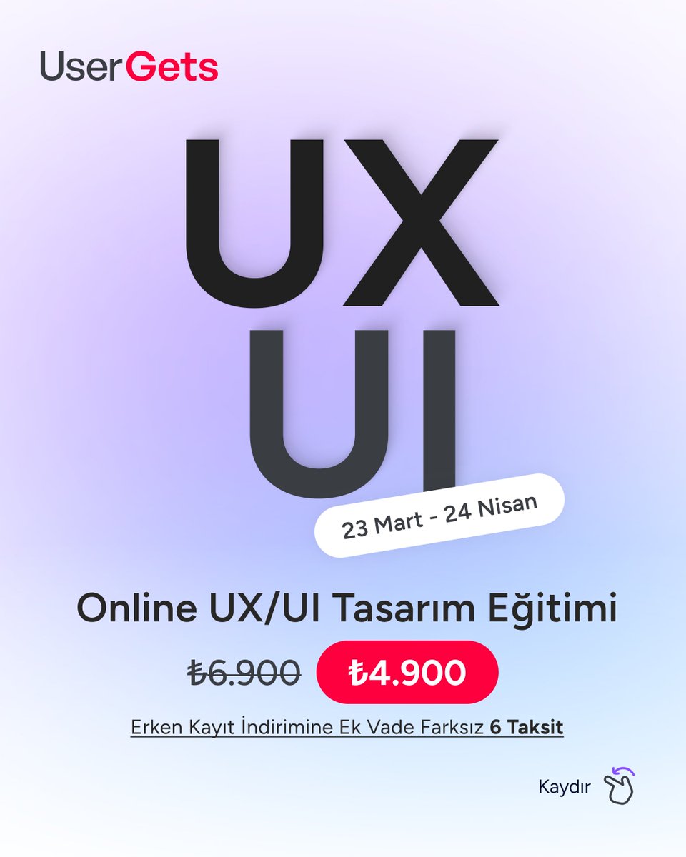 9. Dönem UX/UI Tasarım Eğitimi Başlıyor!
UX düşünme yapısından akış tasarımına, UI prensiplerinden görsel hiyerarşiye kadar tüm süreçleri öğren. Gerçek iş örnekleriyle kullanılabilir ve estetik arayüzler üretmeyi deneyimlersin.

Kayıt ve Detaylar İçin: usergets.com/egitimler/onli…