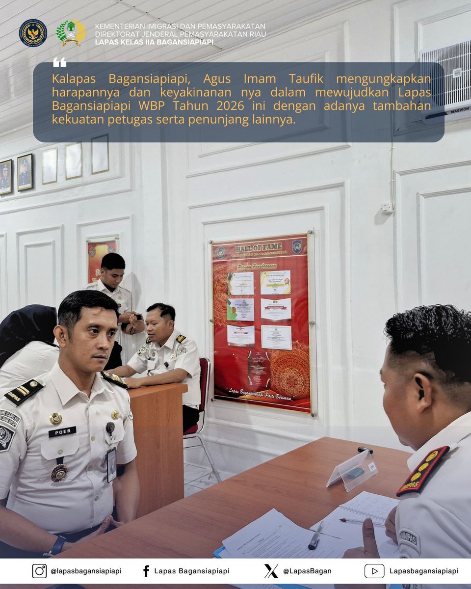 LapasBagan's tweet photo. BENTUK TIM KERJA ZI YANG EFEKTIF DAN EFISIEN, LAPAS BAGANSIAPIAPI LAKUKAN ASESMEN PETUGAS

Bagansiapiapi - Kalapas Bagansiapiapi langsung membentuk Tim Seleksi dan melakukan Asesmen terhadap petugas Lapas Bagansiapiapi pada Kamis (12/02) untuk Tim Pembanguban ZI https://t.co/mJRyxcvoPE