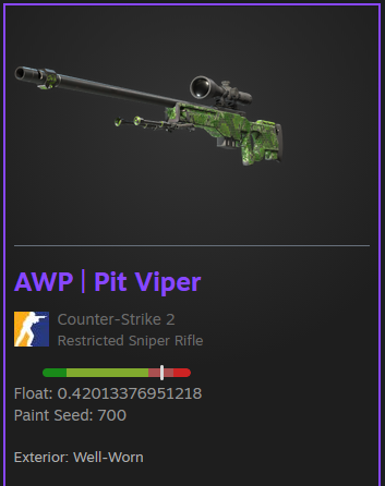 pizzafarce's tweet photo. just crafted this 0.420133769 AWP pit viper :D

currently a 1/1, also the only 0.4201337 AWP pit viper as well https://t.co/jApvXYywFK