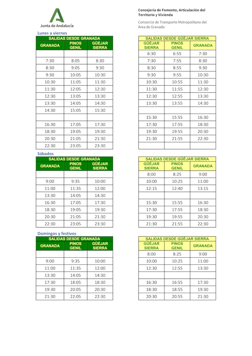 HORARIOS DE AUTOBUSES

Horarios a realizar por la línea 390, debido al corte de la carretera A-4026 entre Pinillos y Pinos Genil, y el correspondiente desvío por la carretera A-395.
#PinosGenil