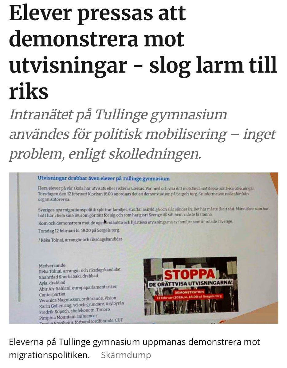 Gustav_Politik's tweet image. Elever uppmanas via skolans officiella kanal att demonstrera mot utvisningar. Helt oproblematiskt enligt ledningen.

Undrar hur det hade låtit om samma skola mobiliserade för en invandringskritisk demonstration?

Svensk offentlig sektor är allt annat än neutral. #svpol