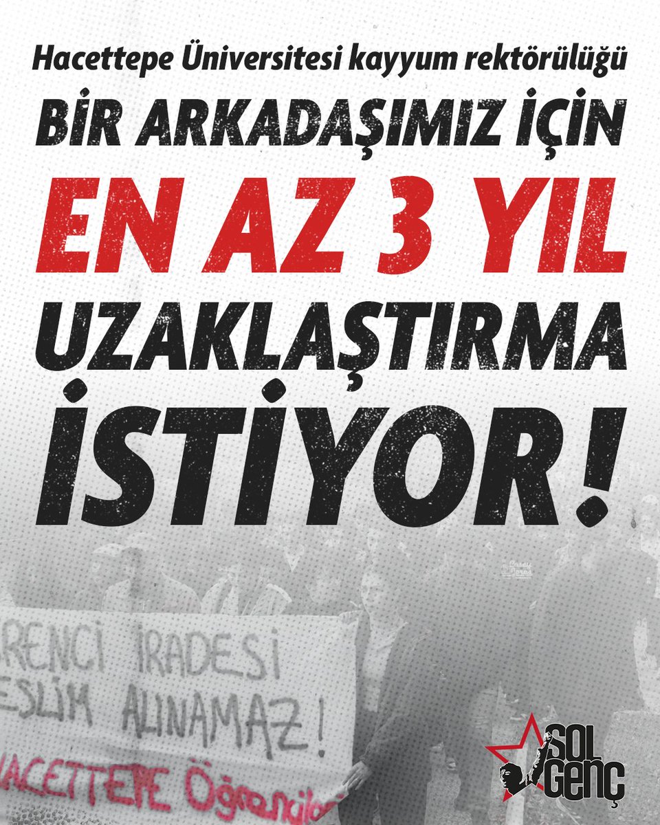 Kayyum Rektör Öğrencilerden Korkuyor!

Öğrencileri yurtlarından atan, kampüse polis dolduran, eli palalı çetelere dokunmayan Hacettepe Üniversitesi kayyum rektörlüğü, bu sefer de bir arkadaşımız için en az 3 yıl okuldan uzaklaştırma istiyor.

19 Mart'ta haklarını savunduğu,