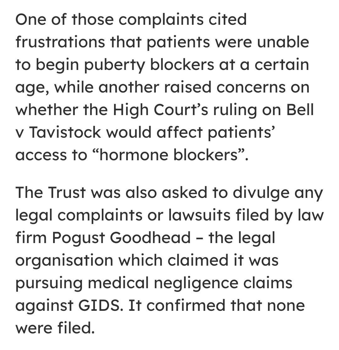 Shattubatu's tweet image. This story also massively burries the lede, some examples of those 8 complaint were "you took too long to start blockers for my child". 

THERE WERE ZERO COMPLAINTS ABOUT CHILDREN BEING RUSHED INTO TREATMENT THEY MIGHT REGRET
