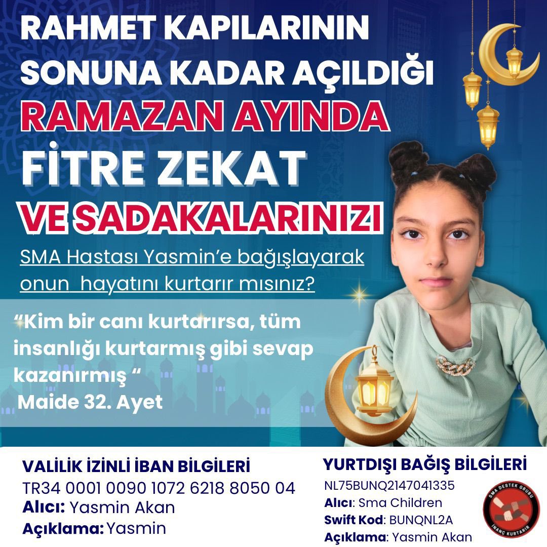 Sma_Yasminakan's tweet photo. Rahmet kapılarının sonuna kadar açıldığı Ramazan ayında,
bir çocuğun hayatı için sizlere sesleniyoruz…

SMA hastası Yasmin, ilacına kavuşabilmek için zamanla yarışıyor.
Her geçen gün onun aleyhine işliyor… Ama bu mübarek ayda bir iyilik, bir sadaka, bir fitre ona nefes olabilir https://t.co/T1fjZwL5RQ