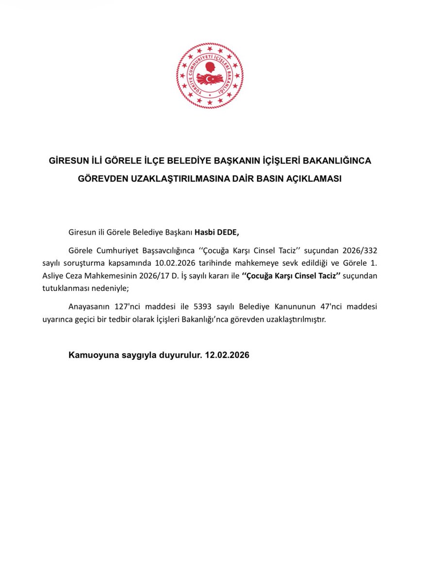 TC_icisleri's tweet image. GİRESUN İLİ GÖRELE İLÇE BELEDİYE BAŞKANI HASBİ DEDE’NİN İÇİŞLERİ BAKANLIĞINCA GÖREVDEN UZAKLAŞTIRILMASINA DAİR BASIN AÇIKLAMASI: