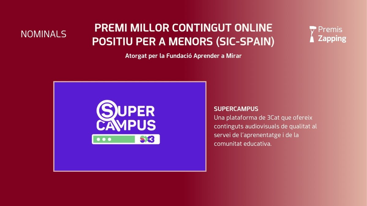 Telespectadors's tweet photo. ✨ El Premi Millor contingut online positiu per a menors (SIC-Spain) dels 31 #PremisZapping, atorgat per @AprenderMirar, és per a #supercampussx3 🏆

🎓 Una plataforma de @som3cat @SomSX3 que ofereix continguts audiovisuals al servei de l’aprenentatge i de la comunitat educativa. https://t.co/ixd8rLq8MZ