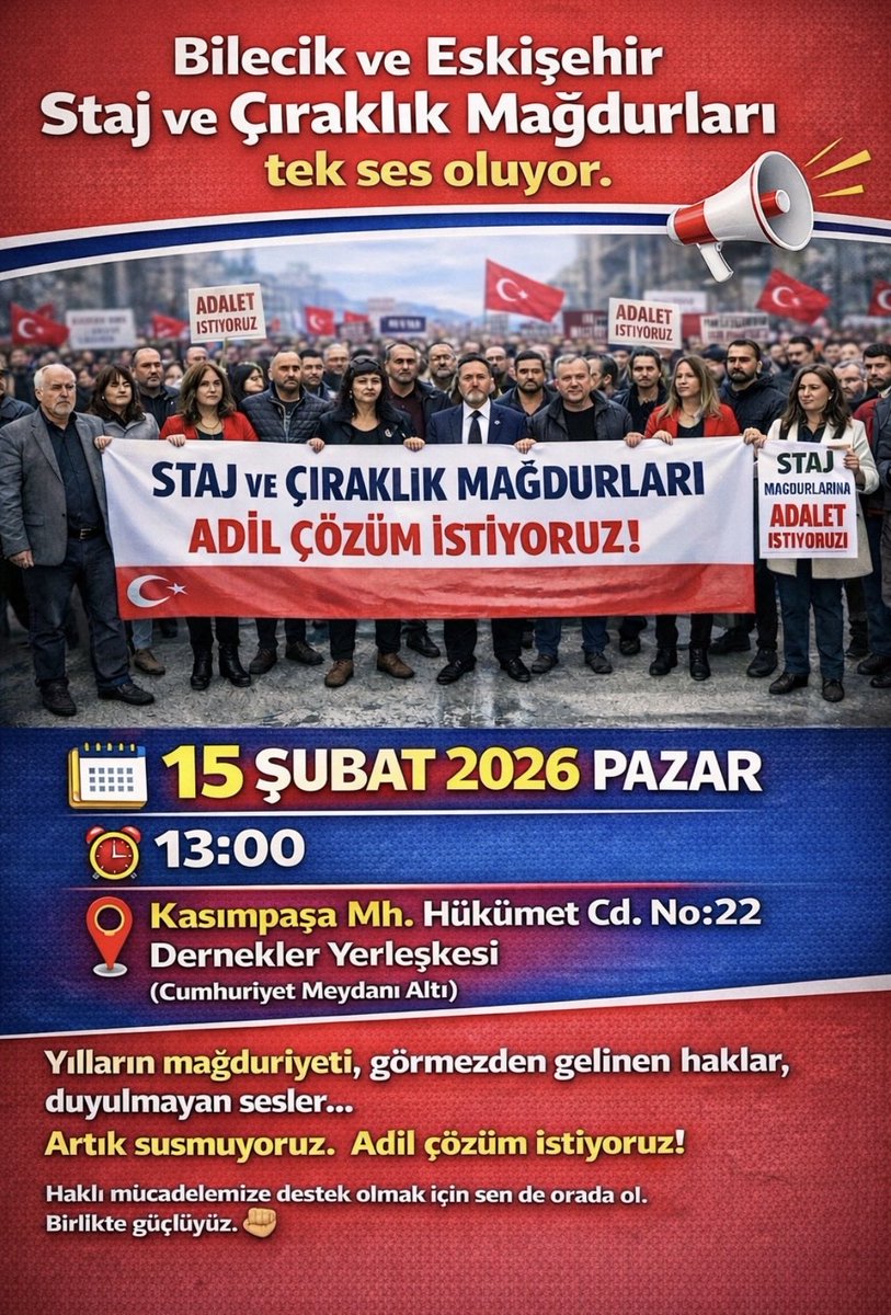 Basın Açıklaması ve Panelimize,
çalışma hayatının önemli paydaşlarından STK’ları/TOBB’u davet ediyoruz
🗣 Emek konuşulsun, çözüm konuşulsun
📌 Sosyal devlet gereğini yapsın.
<a href="/ArzuCerkezoglu/">Arzu A. Çerkezoğlu</a> <a href="/RHisarciklioglu/">Rifat Hisarcıklıoğlu</a> 
<a href="/hakismahmut/">Mahmut Arslan</a>
Yıllarca Çalıştık
#StajyerÇırakYarımSigortayıHakEtmiyor