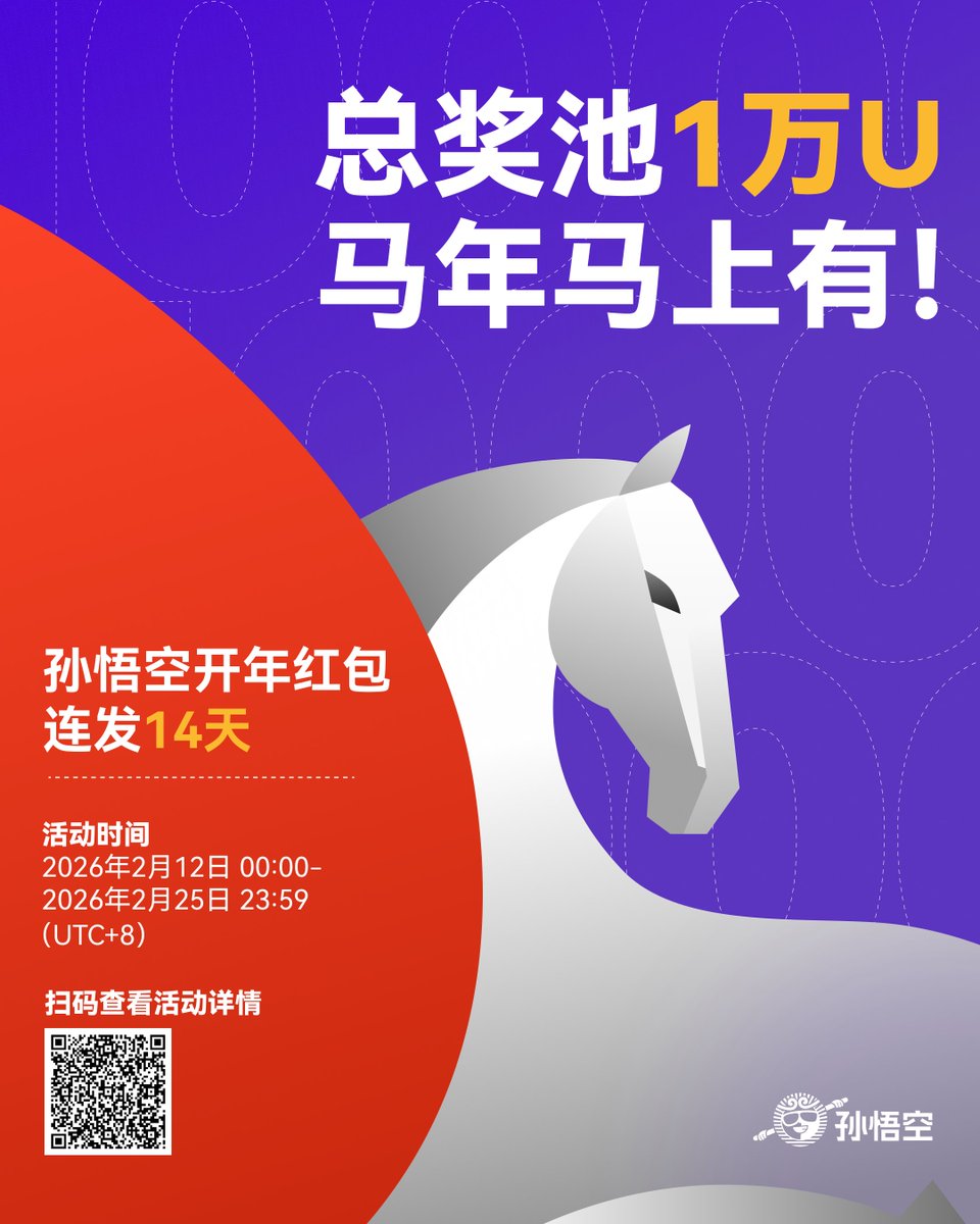 【大圣新春红包雨｜连下14天】

总奖池1万U，人人有份！

🧧 红包一【新人专享】：交易随机领1–16U
🧧 红包二【交易得】：每天瓜分万U奖池 
🧧 红包三【邀友得】：额外超大红包惊喜

🗓️ 2月12日 – 2月25日   
👉 立即参与: sunwukong.io/zh-cn/

点赞转推，抽5人再发50U红包 😎