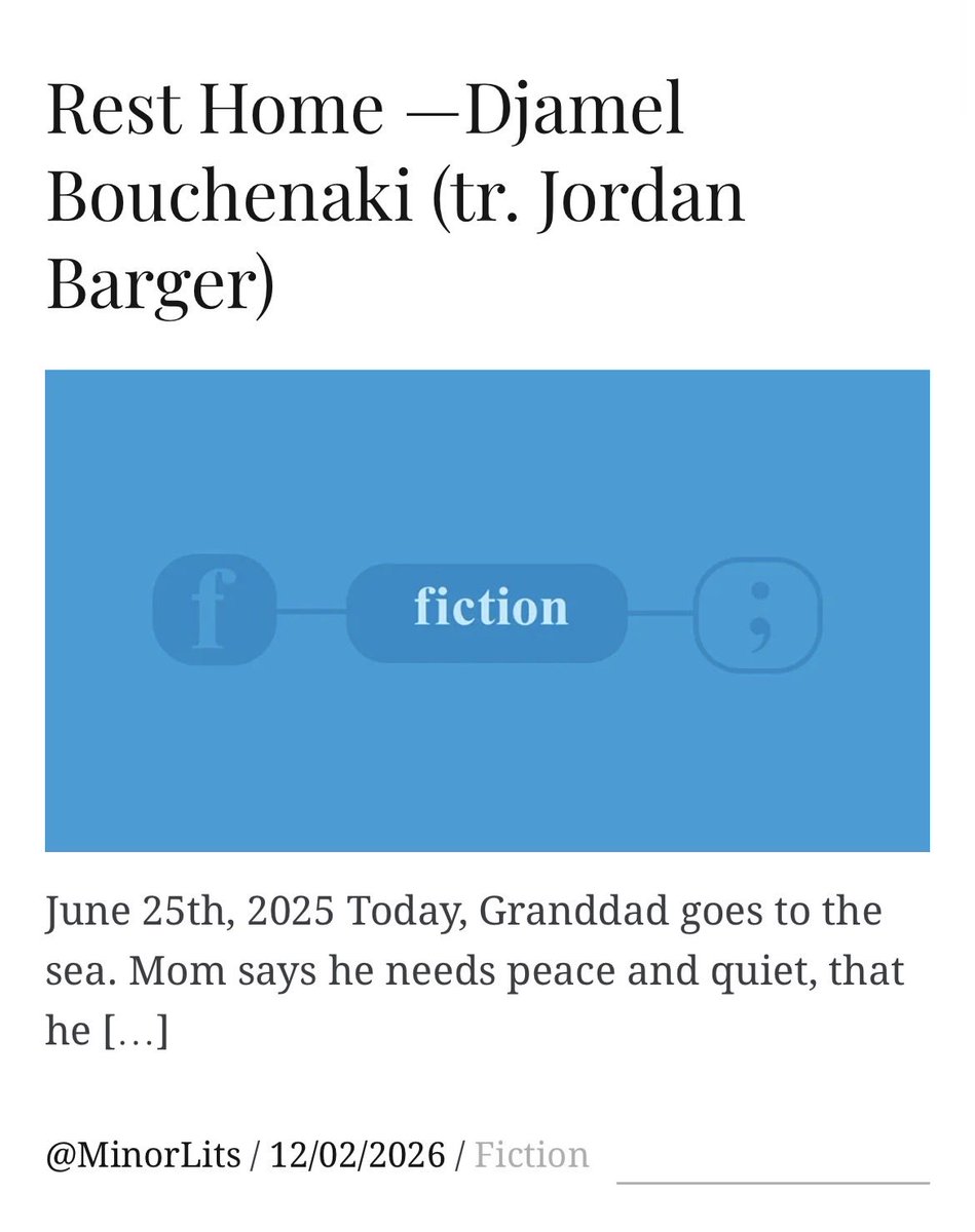Honored to help bring y’all Djamel Bouchenaki <a href="/DbDjamel/">Djamel Bouchenaki</a> 

An author of incredible range: from warm tenderness to ecstatic heights. Read the original and my translation on <a href="/MinorLits/">minor literature[s]</a>