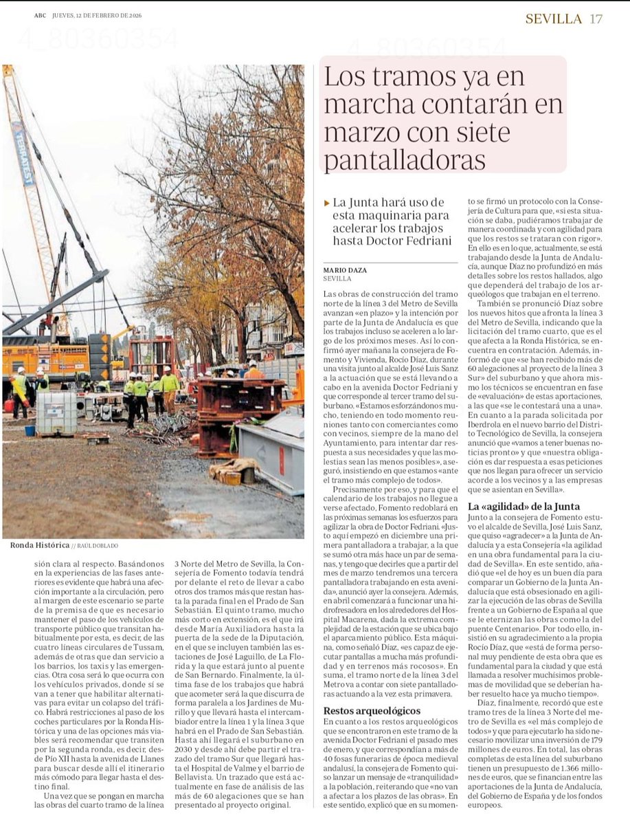 #SevillaAvanza
La cooperación y el diálogo entre Junta y Ayuntamiento propicia que las obras de la L3 del #Metro llegue a final de año a la Ronda Histórica.

Siete pantalladoras y un 63% en ejecución.

El Gobierno de <a href="/JuanMa_Moreno/">Juanma Moreno</a> continúa su compromiso con los sevillanos.