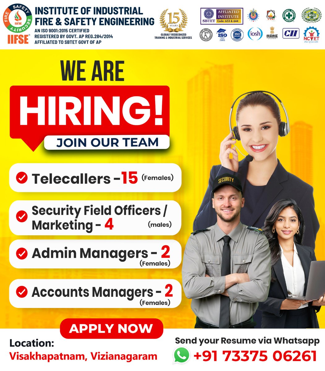 INSTITUTEOFIND2's tweet photo. We’re Hiring! Build Your Career with IIFSE
Open Positions:
Telecallers – 15 (Female)
Security Field Officers / Marketing – 4 (Male)
Admin Managers – 2 (Female)
Accounts Managers – 2 (Female)
Locations: Visakhapatnam &amp; Vizianagaram
Send your resume on WhatsApp: +91 73375 06261 https://t.co/5x8klDoYgo