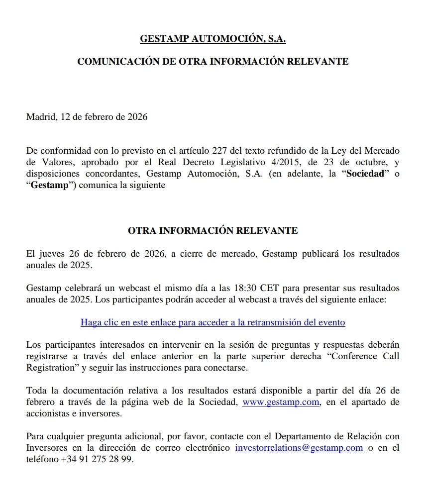 iparatx's tweet photo. El jueves 26 de febrero, a cierre de mercado, @gestamp_es publicará los resultados del ejercicio 2025
$GEST #Gestamp #OperationFortitude https://t.co/PO3B3TSHNz
