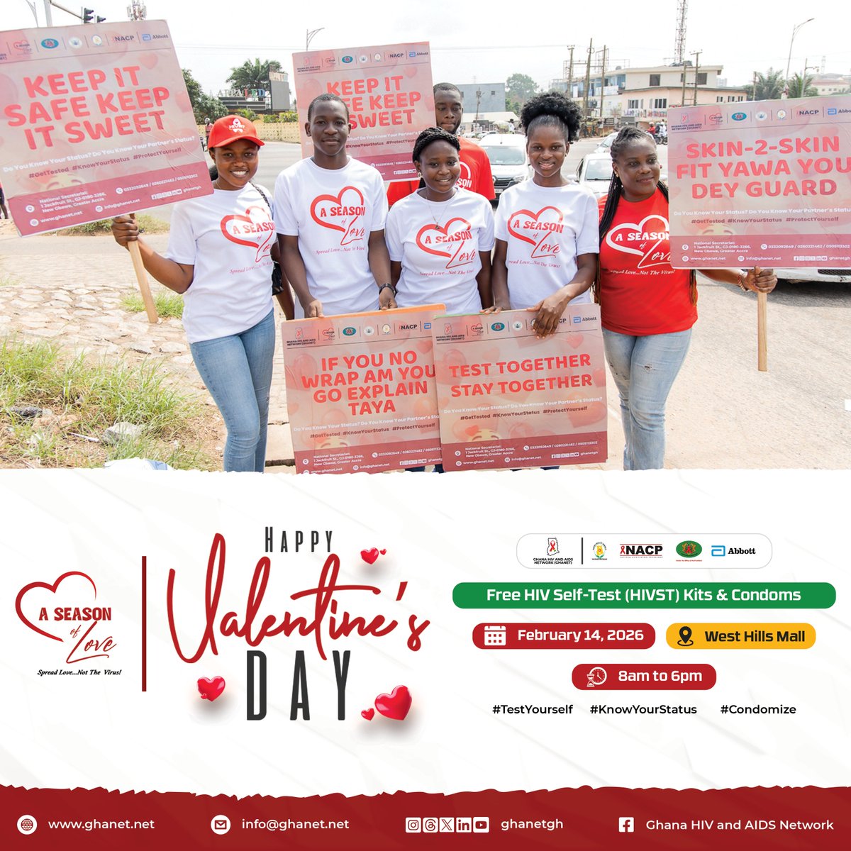 GhanetGh's tweet photo. Happy #ValentinesDay💖

You are warmly invited to #GHANET's HIV &amp; Condom Sensitization Program this Saturday at #WestHillsMall from 8:00 AM to 6:00 PM.🕗📍

Join us to learn, test to know your HIV status, and access important info on HIV prevention and safe-sex practices.🧠🛡️ https://t.co/xVvLlW1rYR
