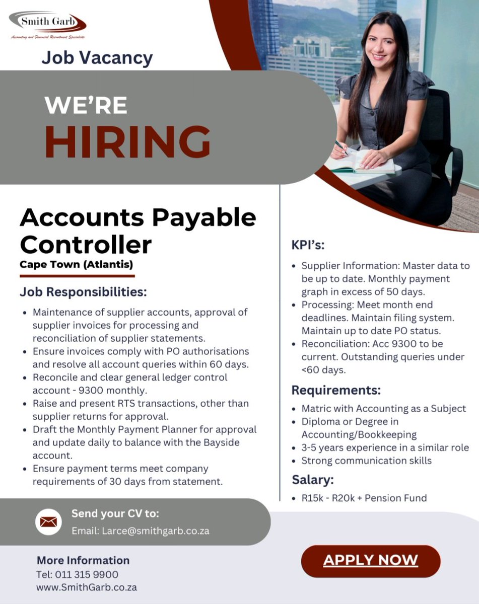 Send detailed cv to Larce@smithgarb.co.za.

#jobvacancy
#recruitment
#capetown
#Accountspayablecontroller