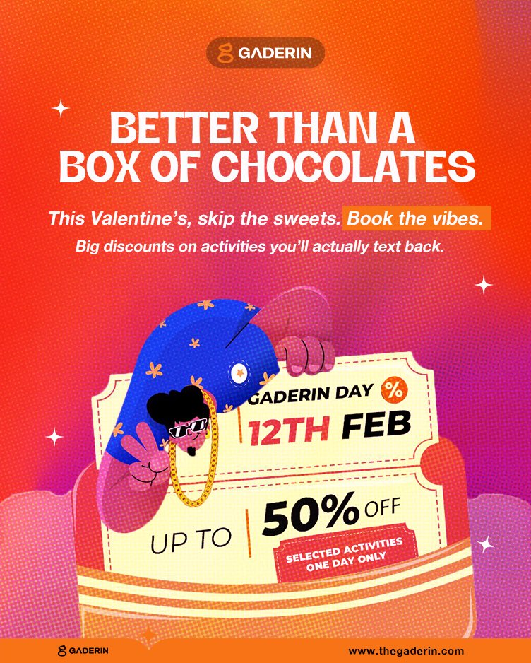 Better Than a Box of Chocolates.

This Valentine’s, skip the sweets. Book the vibes.

Big discounts on experiences you’ll actually text back about.

Today only: thegaderin.com

#gaderin #gaderinday #gatherdifferently #thingstodoinaccra