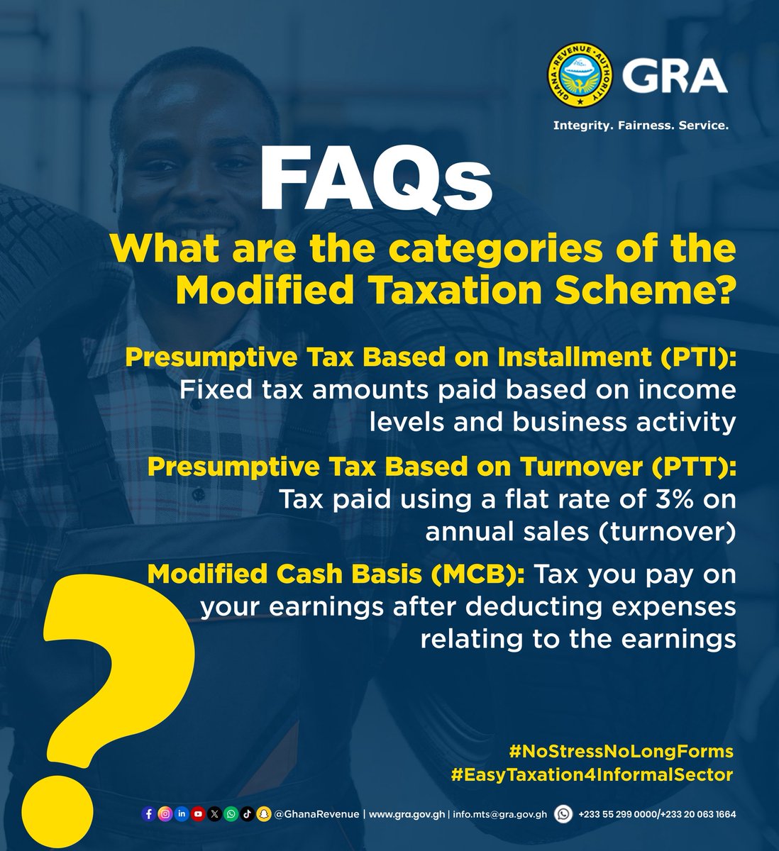 GhanaRevenue's tweet photo. Which of the 3 categories of the Modified Taxation Scheme works for you? Find out where you fit. Visit https://t.co/ipT60mJDCj for more information.
#GRA #GhanaFIRST #ModifiedTaxation https://t.co/OmKT9IV4cY