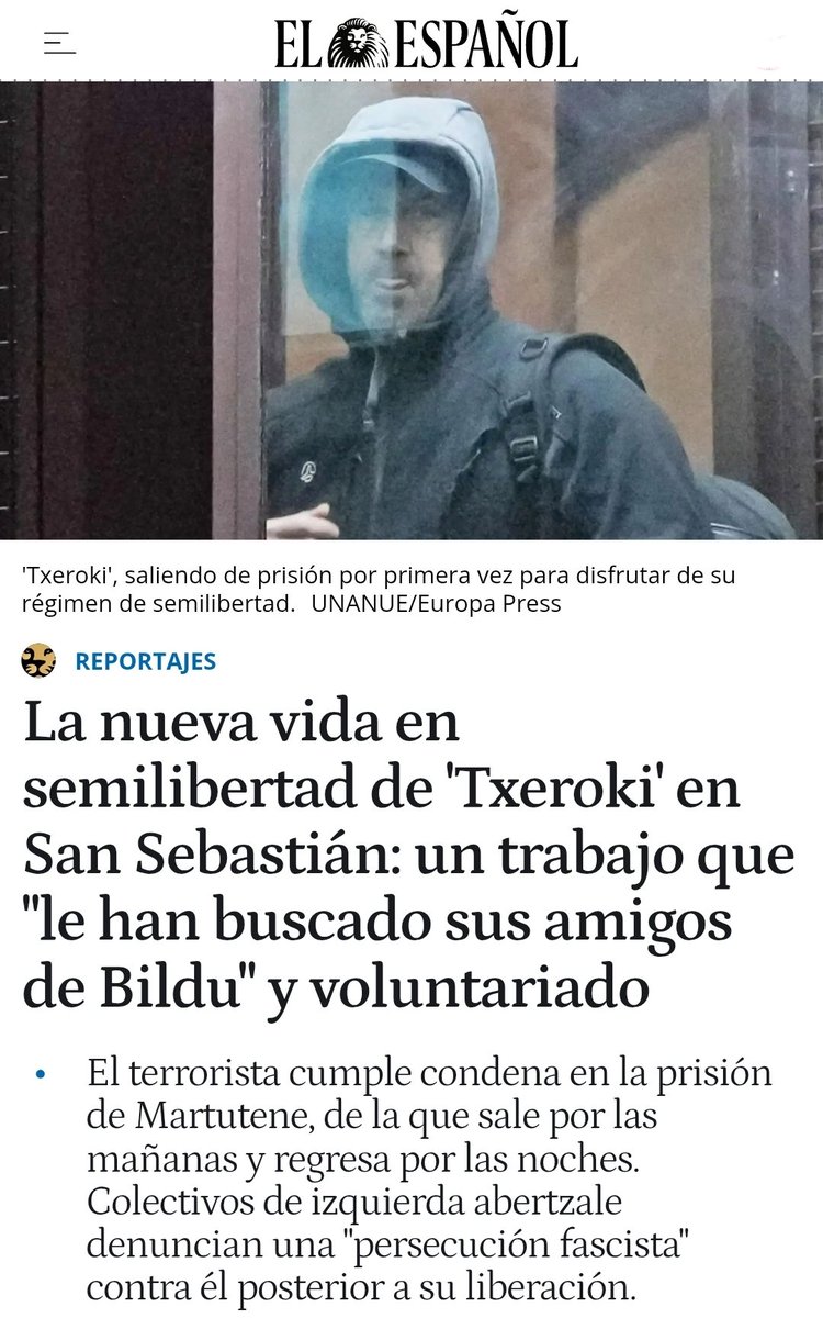 criaturina's tweet photo. EL PAGO A ETA

🤯🤯 Bildu le buscó un trabajo al asesino etarra Txeroki para que se pasee libre con sus 377 años de cárcel sin cumplir...

...porque "Bildu no es ETA". 🤡

Y si lo señalas eres facha.