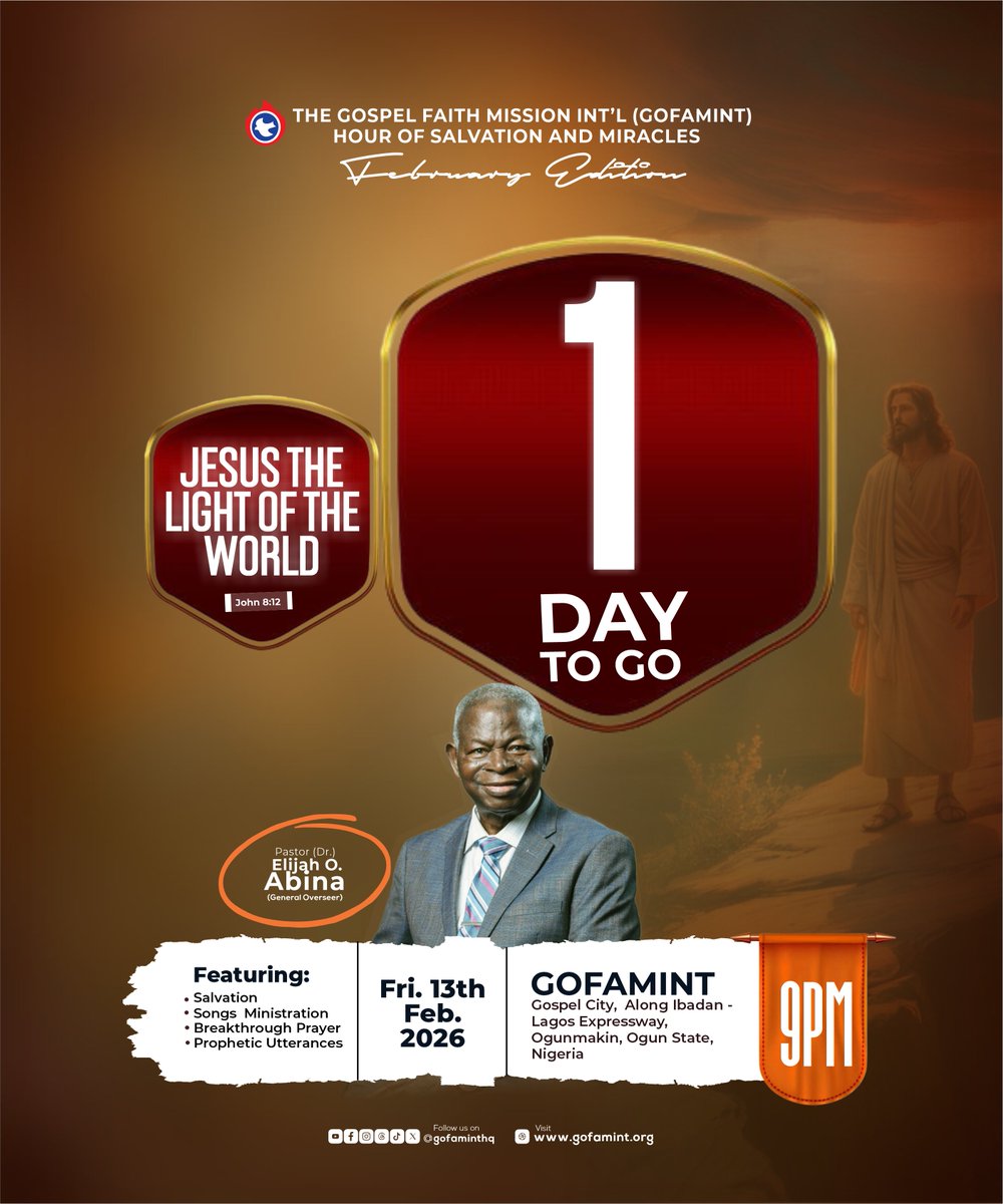 gofaminthq's tweet photo. Tomorrow is the day!
Get ready for an encounter with Jesus, the Light of the world.
#GOFAMINT
#HOSAM
#JesusTheLightOfTheWorld https://t.co/AiGX65dIDQ