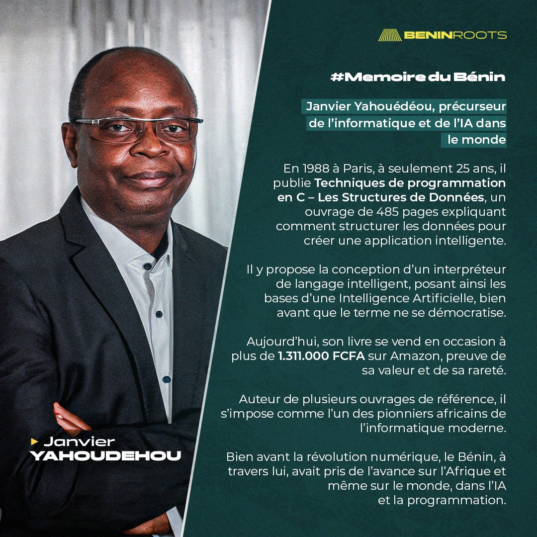Et si l’un des pères de l’IA était béninois ? 🇧🇯

En 1988, à 25 ans, Janvier Yahouédéou publie un ouvrage posant les bases d’applications capables de “raisonner”, bien avant la vague mondiale de l’IA.

Son livre est aujourd’hui rare et recherché.
Un visionnaire à réhabiliter.