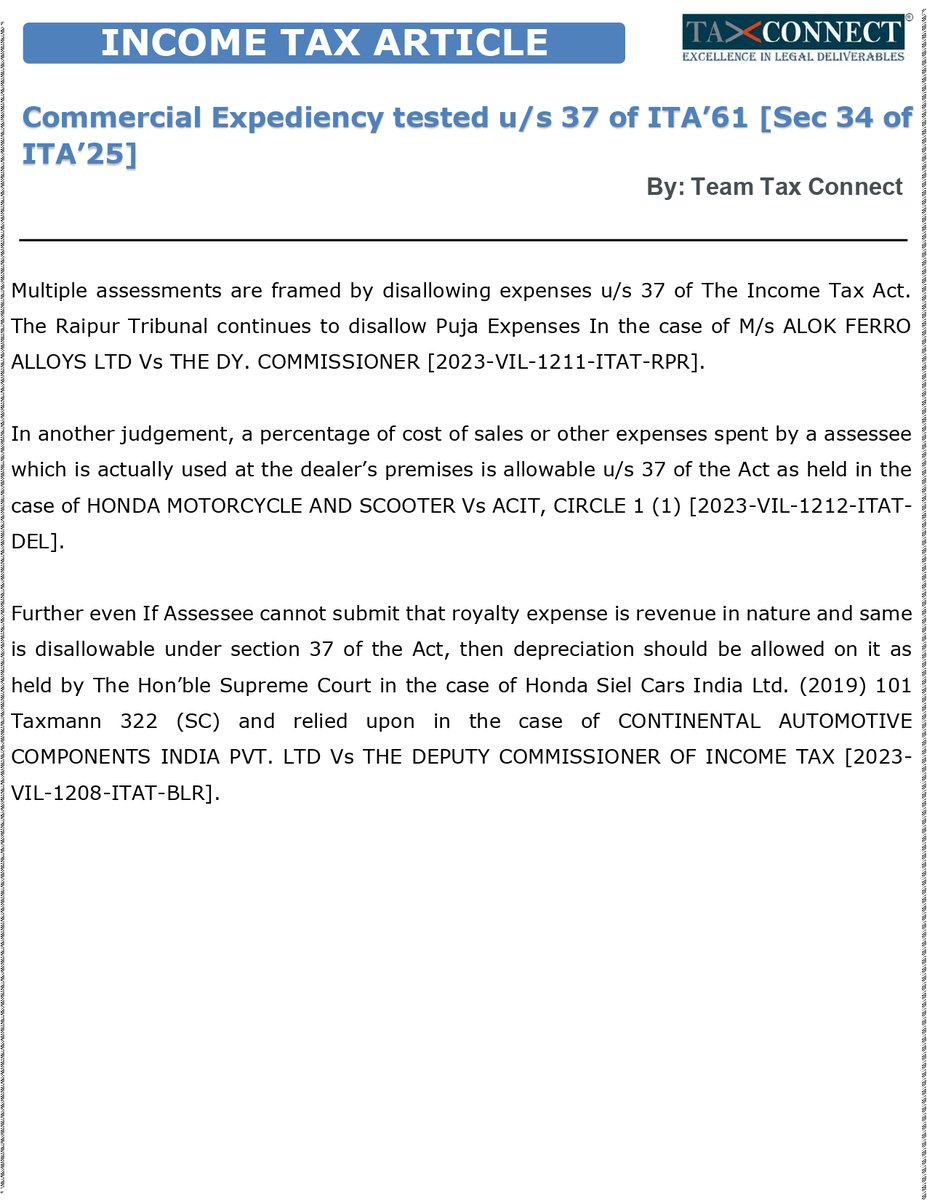 TaxConnectLLP's tweet image. Tax Connect is pleased to share an Article on “𝐂𝐨𝐦𝐦𝐞𝐫𝐜𝐢𝐚𝐥 𝐄𝐱𝐩𝐞𝐝𝐢𝐞𝐧𝐜𝐲 𝐭𝐞𝐬𝐭𝐞𝐝 𝐮/𝐬 𝟑𝟕 𝐨𝐟 𝐈𝐓𝐀’𝟔𝟏 [𝐒𝐞𝐜 𝟑𝟒 𝐨𝐟 𝐈𝐓𝐀’𝟐𝟓]” 

Thanks &amp;amp; Regards
Team @TaxConnectLLP 

#section37 #section34 #incometaxact #ita1961 #ITA2025 #taxlaw #taxlitigation