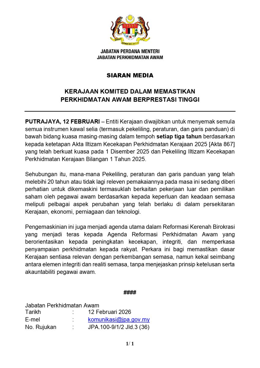 JPA will review rules and guidelines in place for over 20 years, including those governing civil servants' shareholdings and moonlighting.

The move comes amid scrutiny of MACC chief commissioner Azam Baki, whose stakes in two companies were reported to exceed the RM100,000 limit