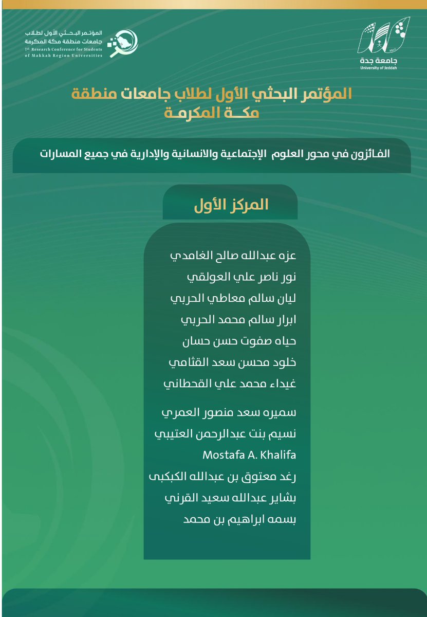 sci_uj's tweet photo. 🏆| الفائزون في محور العلوم الاجتماعية والإنسانية والإدارية

تكريم الفائزين في محور العلوم الاجتماعية والإنسانية والإدارية، لأبحاثهم التي ناقشت قضايا المجتمع والحوكمة والتنمية، وأسهمت في بناء الإنسان وصناعة القرار. 📊📚
المركز الأول 🥇
المركز الثاني 🥈
المركز الثالث 🥉

#المؤتمر_البحثي_الأول_لطلاب_جامعات_منطقة_مكة_المكرمة
#جامعة_جدة