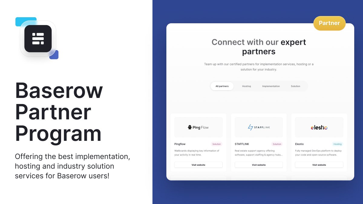 baserow's tweet image. Our partner ecosystem is growing fast — with more teams helping companies implement, host, and build solutions with Baserow.

Interested in becoming a partner? Apply here: 
👉 baserow.io/partners

#Baserow #Partners #OpenSource #NoCode