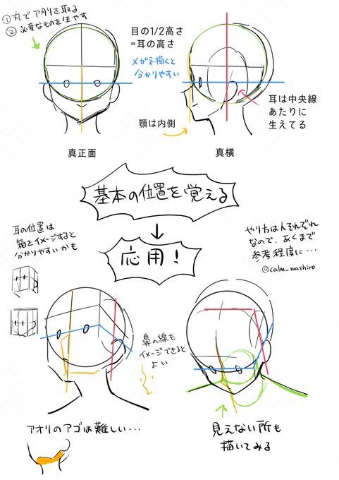 顔のアタリや補助線を引くことで変になるのを防げます(添付画像参照/ざっくり説明ですみません)
立体的に顔の構造を把握すると、より間違いにくくなると思います。
どうしても分からない時は美少女フィギュアやクリスタ等の3Dで確認すると良いかと。
https://t.co/wkPKvsppCF 