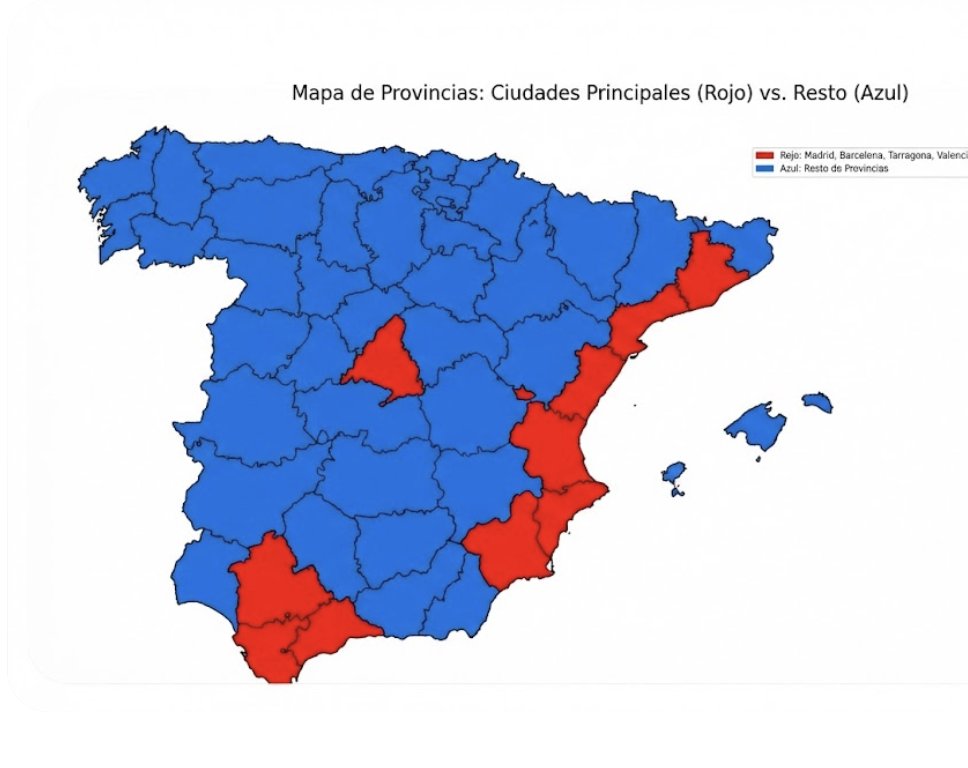 El 50% de la población española se concentra en el área roja y el otro 50% en la azul