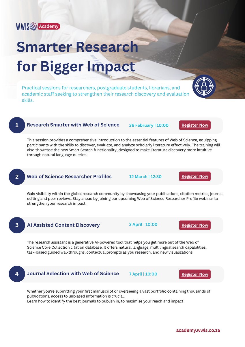 Smarter Research for Bigger Impact

Practical sessions for researchers, postgraduate students, librarians, and academic staff seeking to strengthen their research discovery and evaluation skills. events.teams.microsoft.com/event/05547748…