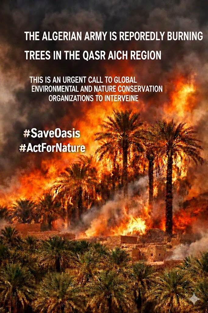 BinaryMasteroo's tweet photo. 🌴🔥الجيش الجزائري يحرق النخيل في منطقة "قصر إيش". نداء عاجل للجمعيات العالمية لحماية البيئة والطبيعة من أجل التدخل.🌍📢
 زلزلوا هاد البوسط يوصلهم.
#Algeria
#SaveOasis
#ActForNature https://t.co/PxJxxUSJi5