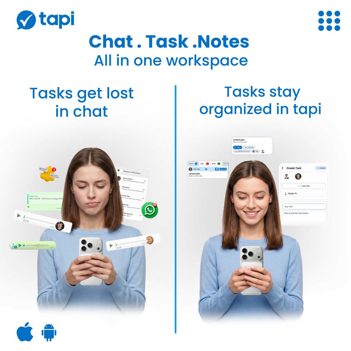 TapiLtd's tweet photo. When work lives only in chat,
tasks disappear.

When work lives in Tapi,
everything stays organized.

Get started now 🔗 https://t.co/1ALiELtrbL

#Tapi #MeetTapi #WorkSimplified #AllInOneApp
#TaskManagement #TeamCollaboration
#ProductivityApp https://t.co/wnaSqOaVJE
