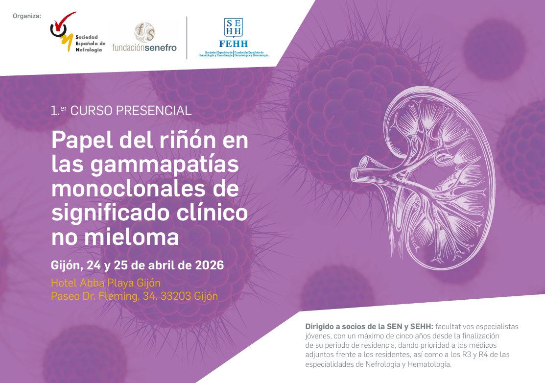 sehh_es's tweet photo. 📢 Últimas plazas disponibles | Mañana finaliza el plazo de solicitud de inscripción para el 1️⃣Curso Presencial: “Papel del riñón en las gammapatías monoclonales de significado clínico no mieloma”, que se celebrará los días 24 y 25 de abril de 2026 en Gijón.

🔬 Este curso supone una oportunidad única de formación multidisciplinar entre #Hematología y #Nefrología, con sesiones teóricas, debate con expertos y presentación de casos clínicos.

👩‍⚕️🧑‍⚕️ Dirigido a socios @SENefrologia y #SEHH, especialmente a especialistas jóvenes y residentes avanzados. 👉Un impulso a la colaboración entre especialidades y a la excelencia en la atención a nuestros pacientes.

✅ La inscripción incluye asistencia presencial, documentación, certificado y manutención durante la actividad.

⚠️ Plazas limitadas (80 asistentes)

⏳ No dejes pasar esta oportunidad. Mañana viernes, 13 de febrero es el último día para solicitar la inscripción.

🔗 Consulta toda la información e inscríbete aquí: https://t.co/AAf5OFOdcQ

#SEHHematología #Nefrología #formación #gammapatias
