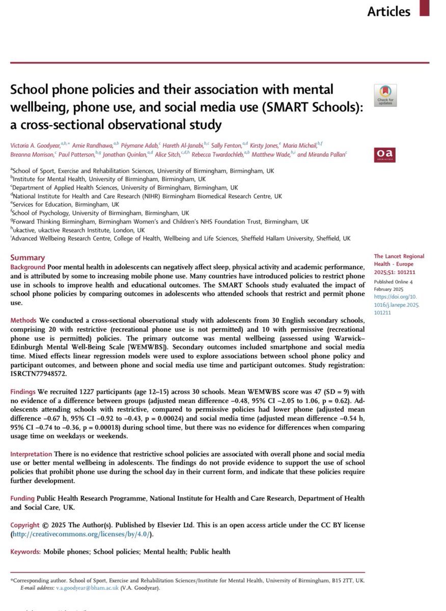 Prohibir móviles en los colegios reduce su uso… solo durante el horario escolar. Un estudio en 30 centros ingleses no encuentra mejoras en bienestar mental ni en el uso total de móviles y redes sociales fuera del aula. The Lancet
La evidencia sugiere cautela: las políticas