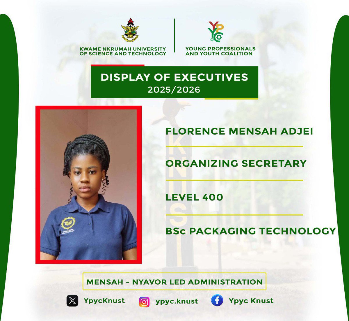 YpycKnust's tweet photo. DISPLAY OF EXECUTIVES

Congratulations to *Florence Mensah Adjei* on stepping into her role as Organizing Secretary under the *Mensah Nyavor-led administration.* 🎉
Committed to ensuring smooth coordination and organization of YPYC-KNUST activities.

✍🏽: *_Office of the PRO https://t.co/mvXCxLYF69