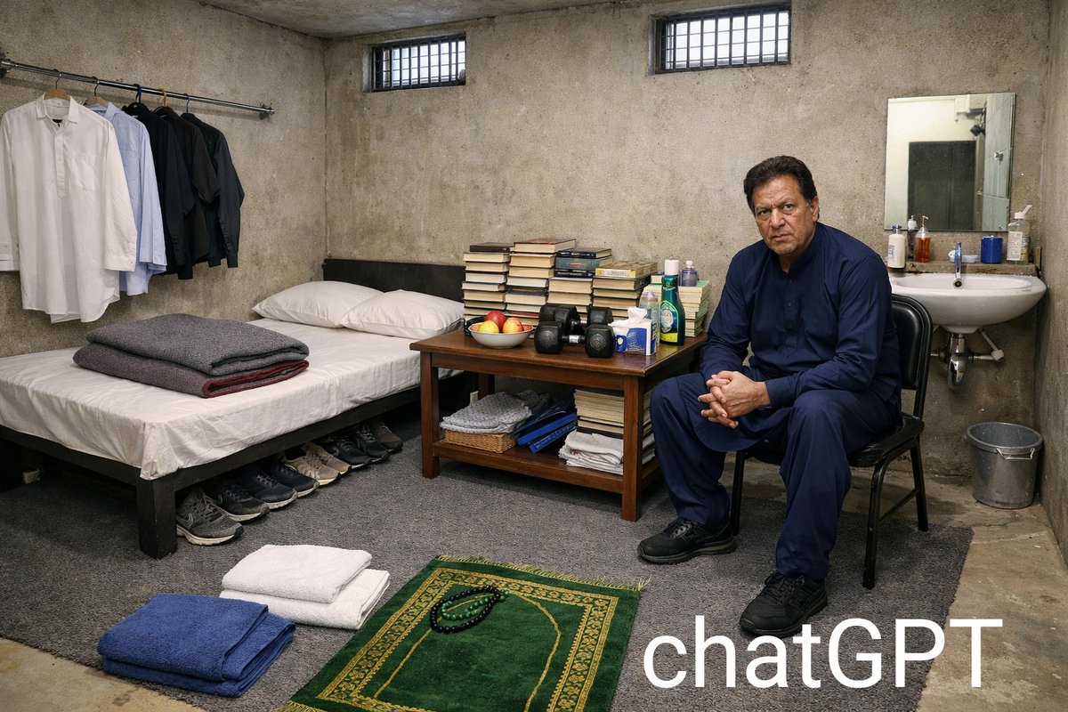 shafqatmm1's tweet photo. یہ عمران خان کے کمرے کی description ہے جو بیرسٹر سلمان صفدر نے دی ۔ اس کا امیج chat GPT اور Grok نے ان تفصیلات کی بنیاد پر یوں بنایا
سیل کے اندر کوئی الماری موجود نہیں تھی، جس کے نتیجے میں درخواست گزار کے زیادہ تر کپڑے پانچ ہینگرز پر لٹکائے گئے تھے۔ مزید برآں معائنہ کے دوران سیل میں موجود کرسی غیر آرام دہ پائی گئی۔

iii۔ بستر:

سیل کے معائنہ کے دوران دیکھا گیا کہ بستر میں ایک سنگل بیڈ کا گدا، چار تکیے اور دو کمبل شامل تھے۔ مزید یہ بھی مشاہدہ کیا گیا کہ پانچ جوڑے جوتے/اسپورٹس شوز بستر کے نیچے رکھے گئے تھے۔

iv۔ ذاتی سامان:

سیل کے فرش پر سرمئی رنگ کا قالین نما میٹ موجود تھا۔ دستخط کنندہ نے درخواست گزار کے ذاتی استعمال کی اشیاء اور سامان کا مشاہدہ کیا، جن میں جائے نماز اور تسبیح بھی شامل تھیں۔ دو تولیے بھی موجود تھے۔

مزید برآں تقریباً 100 کتابیں ایک میز پر رکھی ہوئی پائی گئیں، جن کے ساتھ دو لپٹے ہوئے سیب، دو ڈمبلز، اور ذاتی نگہداشت کی اشیاء مثلاً ٹشو پیپر، ماؤتھ واش، ایئر فریشنر، شیوِنگ جیل اور شیوِنگ کِٹ بھی موجود تھیں۔

v۔ بیت الخلا:

سیل کے اندر تقریباً ساڑھے چار فٹ ضرب ساڑھے چار فٹ کا بیت الخلا موجود تھا، جسے پانچ فٹ اونچی دیوار سے الگ کیا گیا تھا اور اس کی کوئی چھت نہیں تھی۔ بیت الخلا کے باہر گرم اور ٹھنڈے پانی کی سہولت کے ساتھ واش بیسن اور آئینہ موجود تھا۔ صفائی کے حوالے سے بیت الخلا کی سینیٹری حالت میں بہتری کی گنجائش دیکھی گئی۔

vi۔ ہوا داری:

ہوا داری کے حوالے سے سیل میں تقریباً دو ضرب دو فٹ کے دو روشن دان موجود تھے جو چھت کے مخالف سروں پر واقع تھے، جس سے کراس وینٹیلیشن ممکن تھی۔ تاہم سیل کے اندر بیت الخلا ہونے کے باوجود کوئی ایگزاسٹ سسٹم نصب نہیں تھا۔